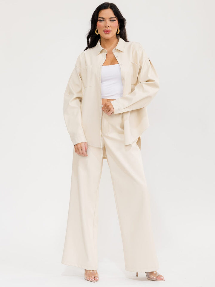 WOMEN'S LONG SLEEVE SHACKET & BUTTON CLOSURE PANTS PU PLEATHER 2PC. SET