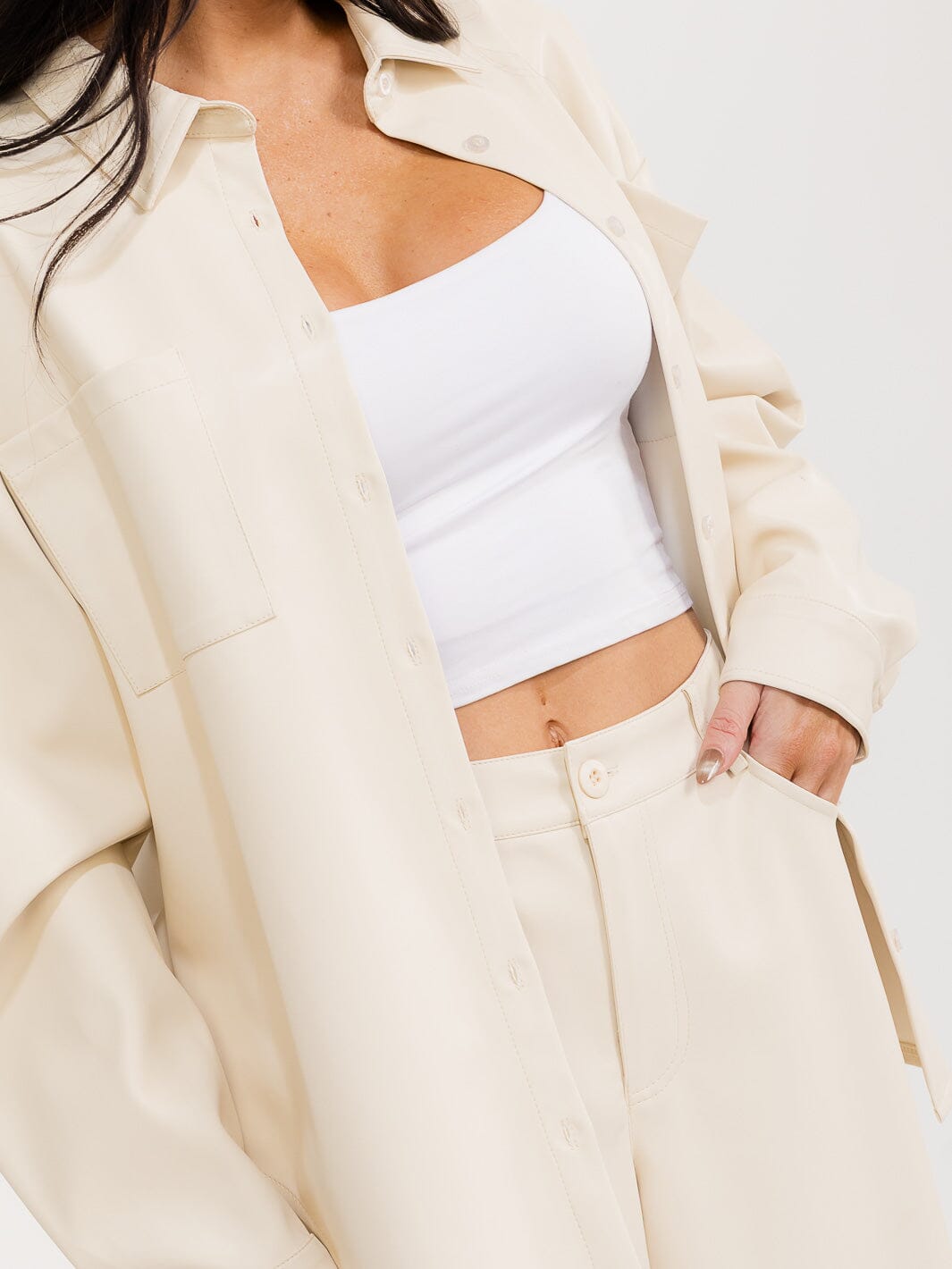 WOMEN'S LONG SLEEVE SHACKET & BUTTON CLOSURE PANTS PU PLEATHER 2PC. SET