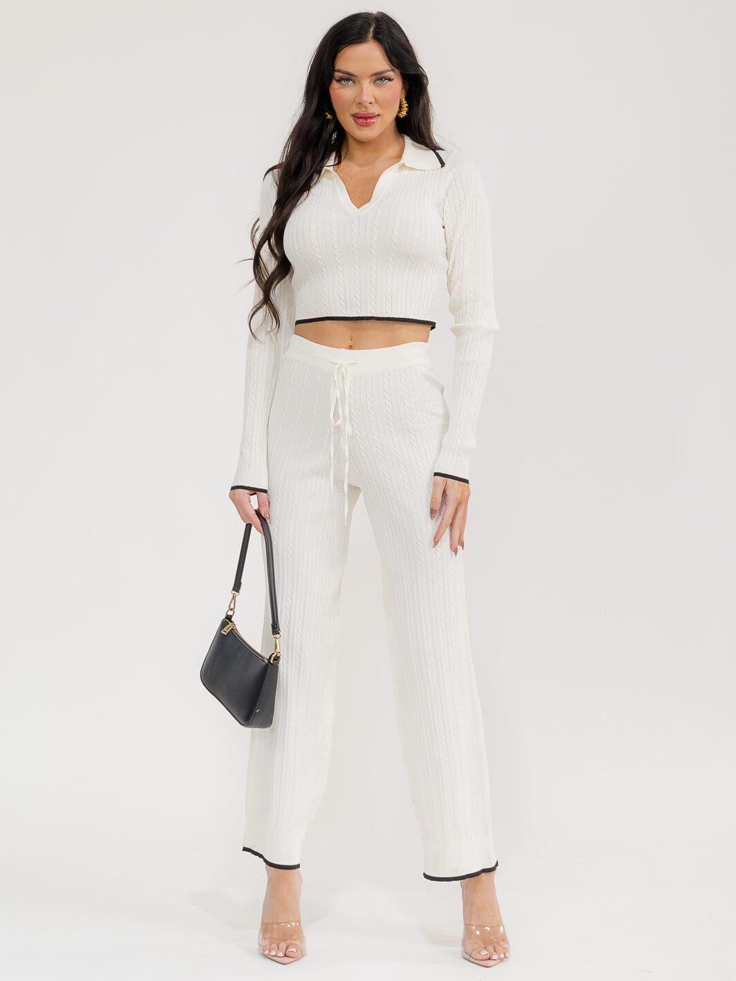 WOMEN'S LONG SLEEVE CROP TOP & ELASTIC WAIST PANTS RIBBED 2PC. SET