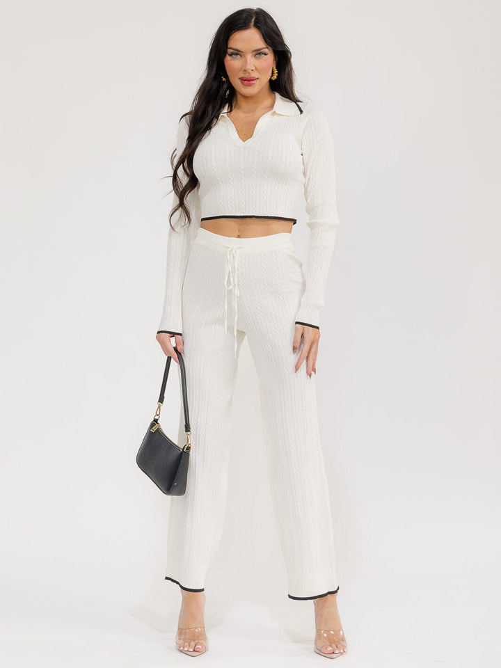 WOMEN'S LONG SLEEVE CROP TOP & ELASTIC WAIST PANTS RIBBED 2PC. SET
