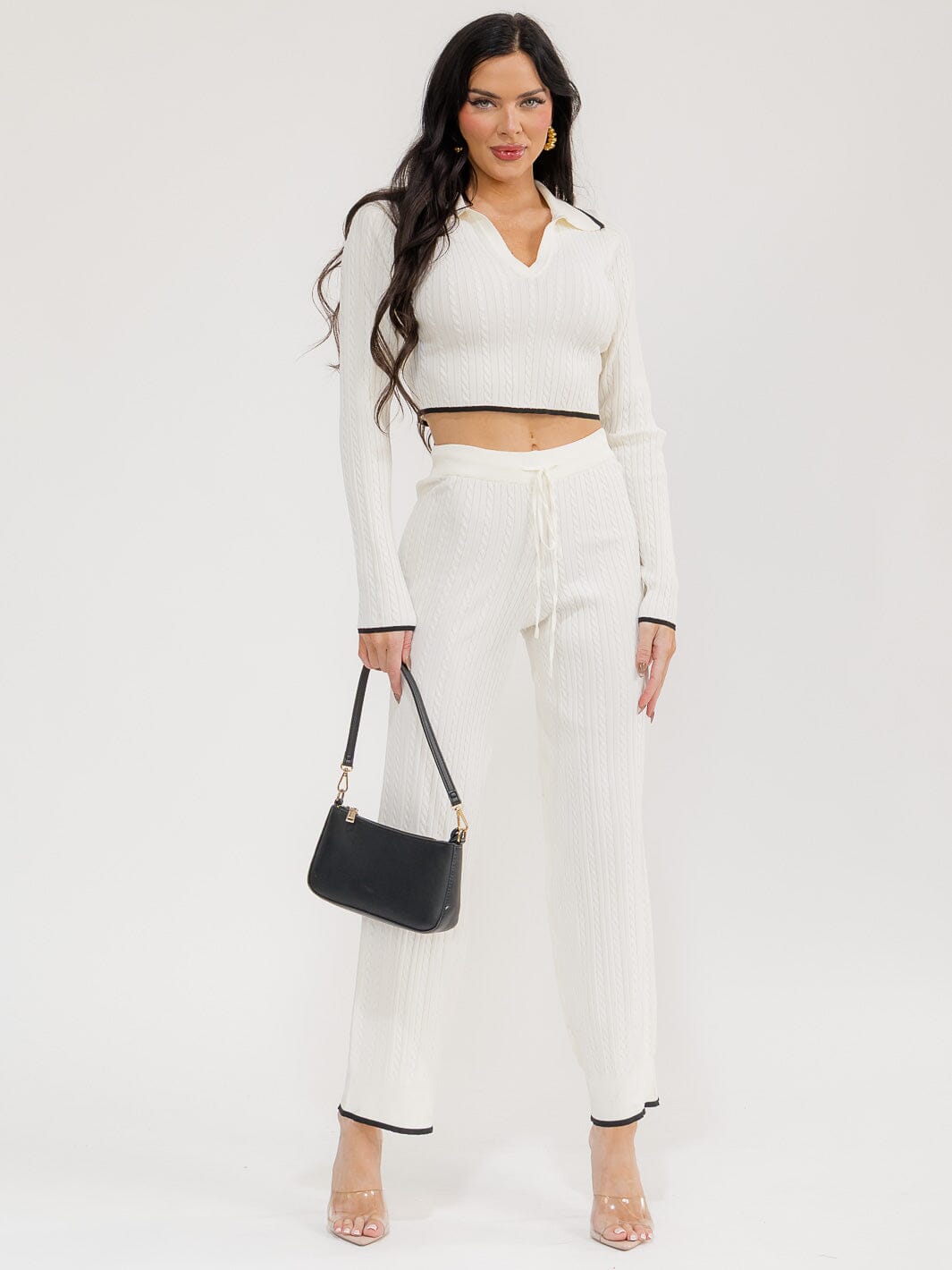 WOMEN'S LONG SLEEVE CROP TOP & ELASTIC WAIST PANTS RIBBED 2PC. SET