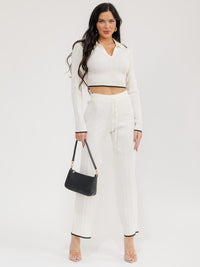 WOMEN'S LONG SLEEVE CROP TOP & ELASTIC WAIST PANTS RIBBED 2PC. SET