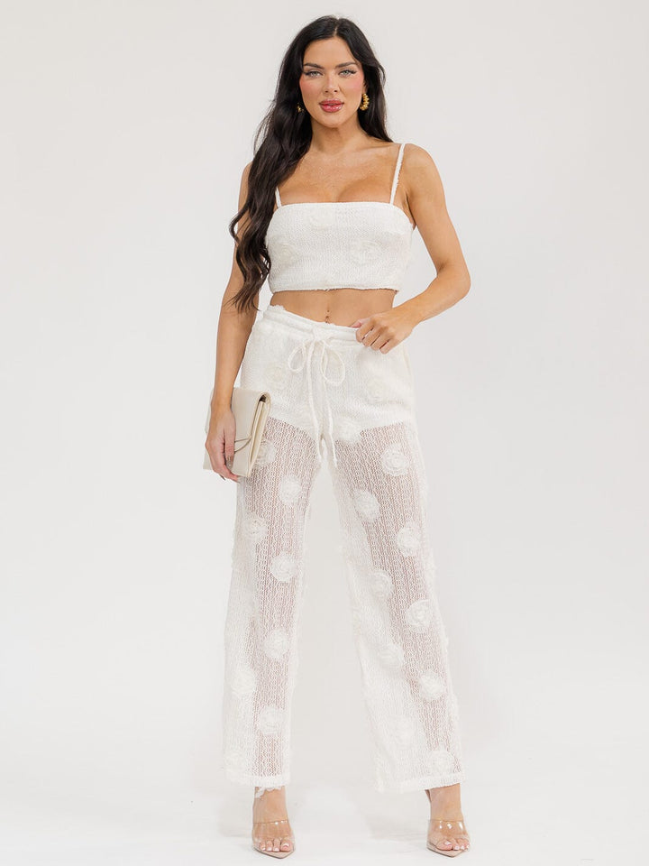 WOMEN'S SLEEVELESS CROP TOP & ELASTIC WAIST PANTS FLOWER LACE 2PC. SET