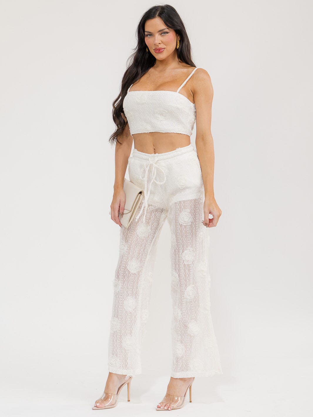 WOMEN'S SLEEVELESS CROP TOP & ELASTIC WAIST PANTS FLOWER LACE 2PC. SET