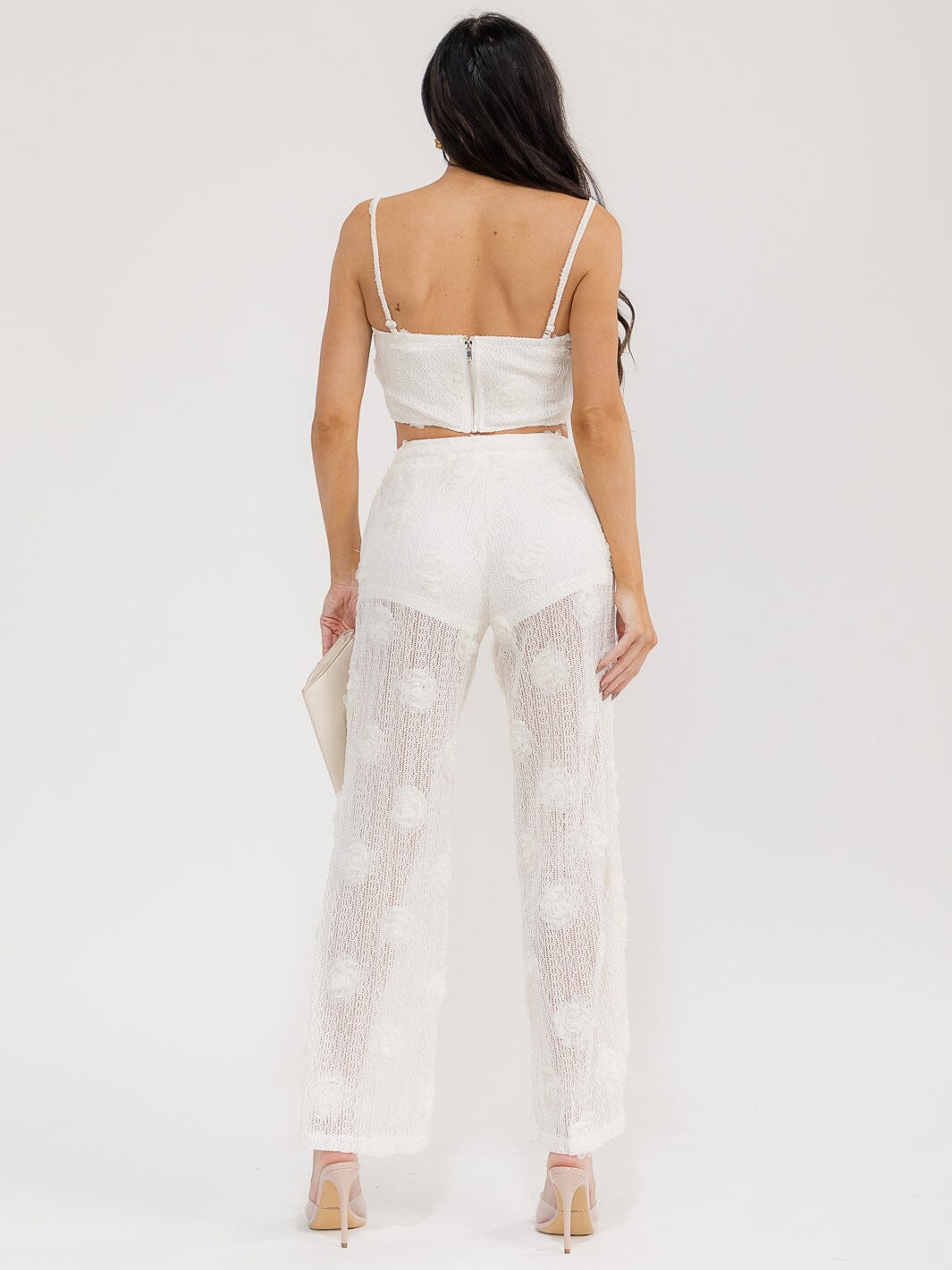 WOMEN'S SLEEVELESS CROP TOP & ELASTIC WAIST PANTS FLOWER LACE 2PC. SET