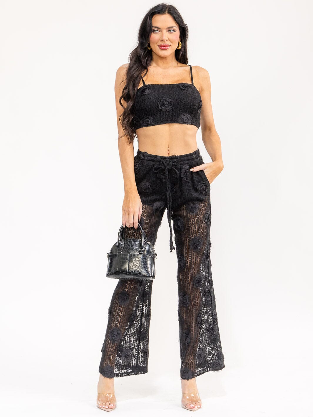 WOMEN'S SLEEVELESS CROP TOP & ELASTIC WAIST PANTS FLOWER LACE 2PC. SET