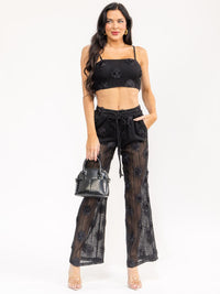 WOMEN'S SLEEVELESS CROP TOP & ELASTIC WAIST PANTS FLOWER LACE 2PC. SET