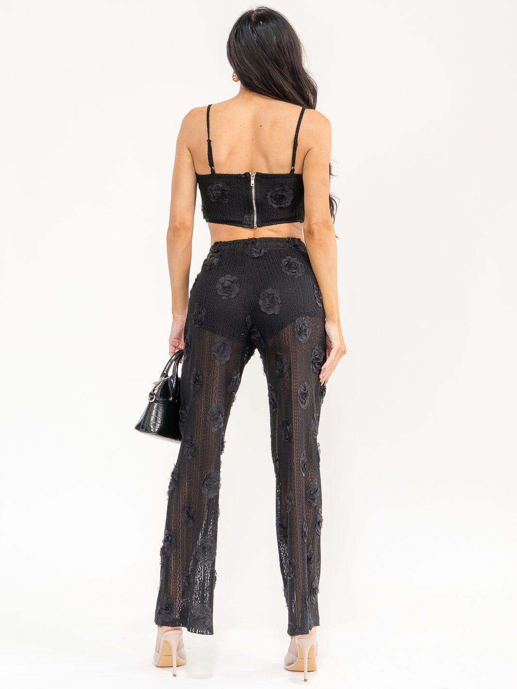 WOMEN'S SLEEVELESS CROP TOP & ELASTIC WAIST PANTS FLOWER LACE 2PC. SET