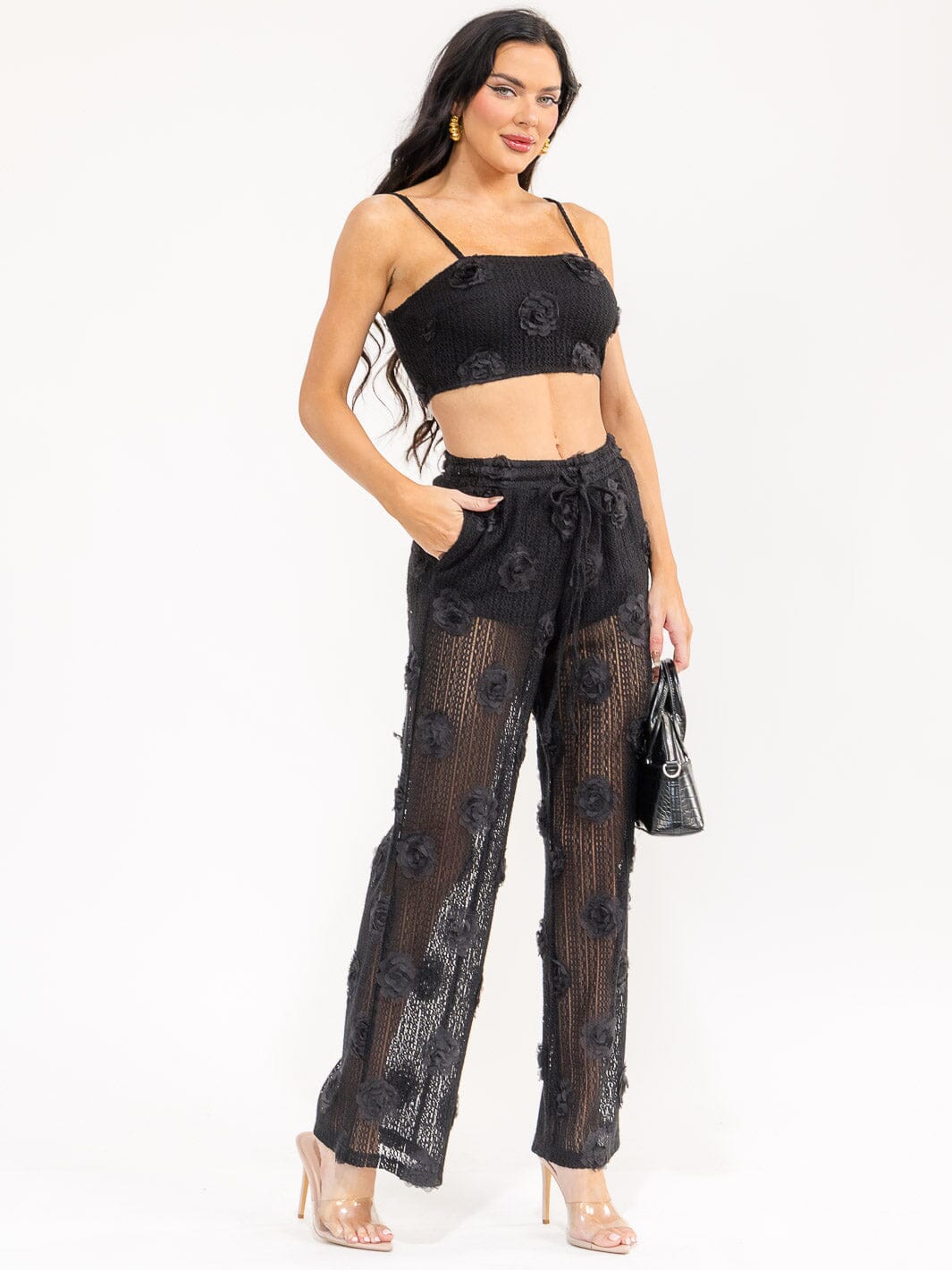 WOMEN'S SLEEVELESS CROP TOP & ELASTIC WAIST PANTS FLOWER LACE 2PC. SET