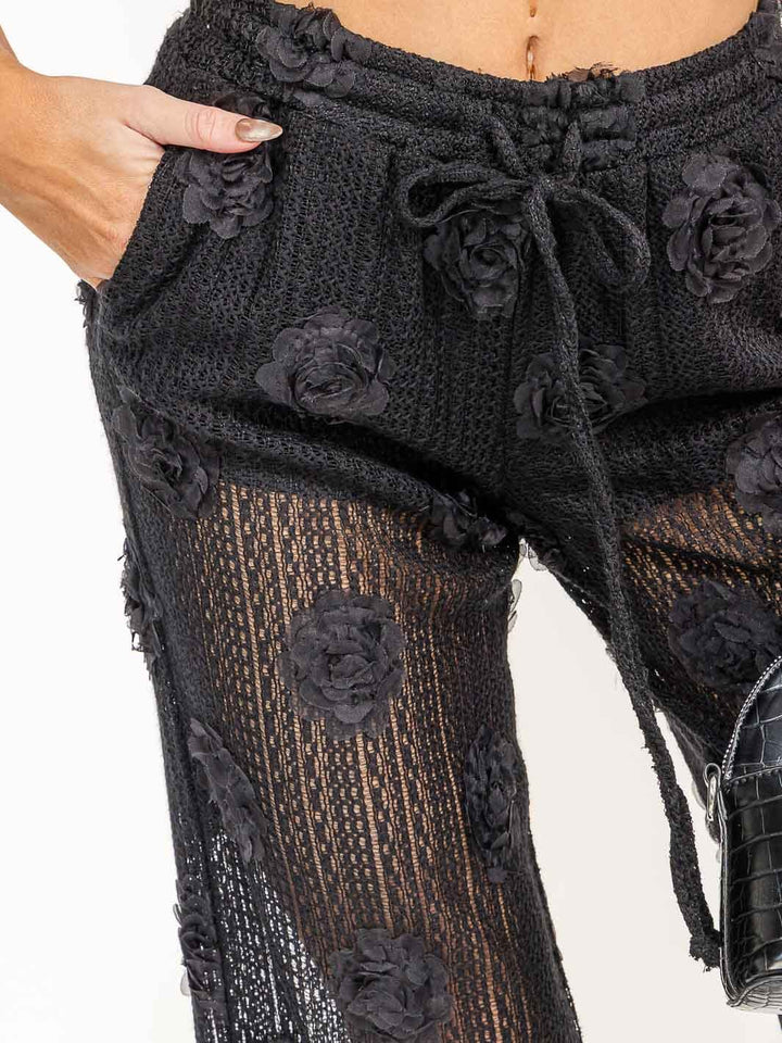 WOMEN'S SLEEVELESS CROP TOP & ELASTIC WAIST PANTS FLOWER LACE 2PC. SET