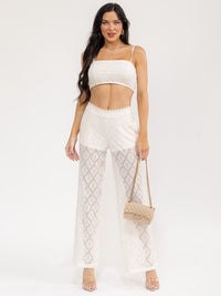 WOMEN'S SLEEVELESS CROP TOP & ELASTIC WAIST PANTS SEQUINS LACE 2PC. SET
