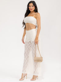 WOMEN'S SLEEVELESS CROP TOP & ELASTIC WAIST PANTS SEQUINS LACE 2PC. SET