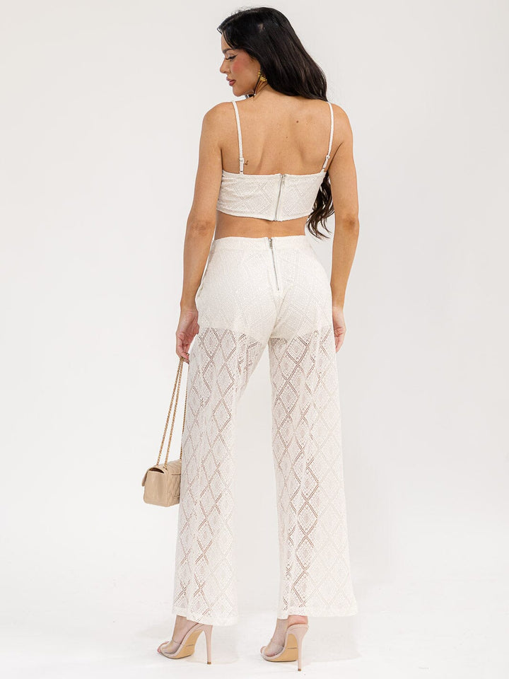 WOMEN'S SLEEVELESS CROP TOP & ELASTIC WAIST PANTS SEQUINS LACE 2PC. SET