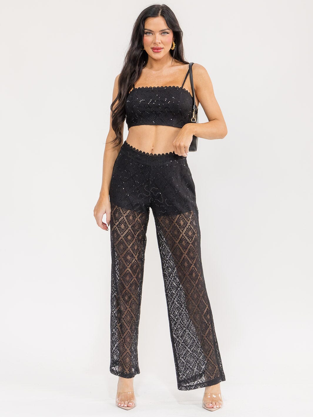 WOMEN'S SLEEVELESS CROP TOP & ELASTIC WAIST PANTS SEQUINS LACE 2PC. SET