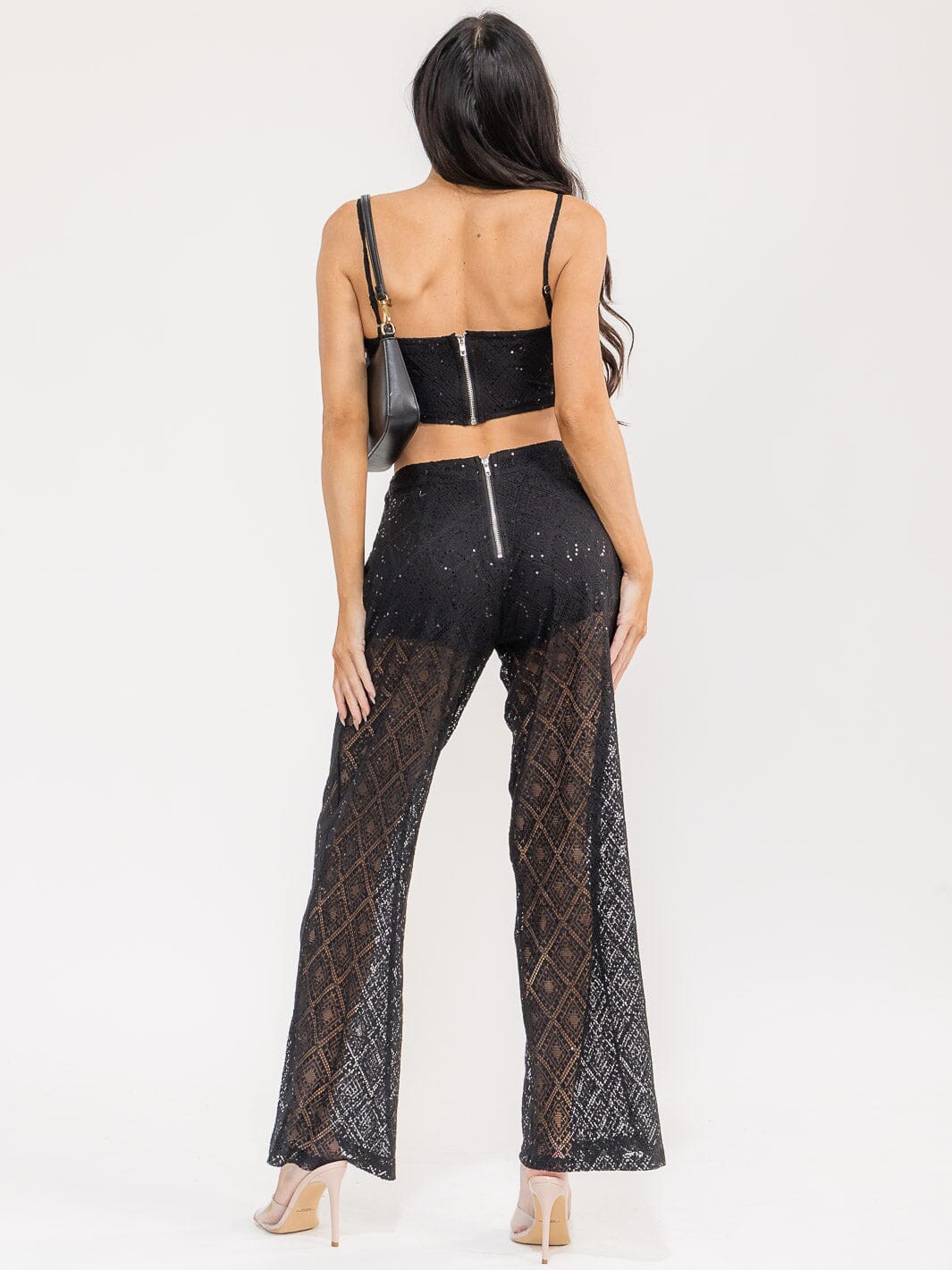WOMEN'S SLEEVELESS CROP TOP & ELASTIC WAIST PANTS SEQUINS LACE 2PC. SET