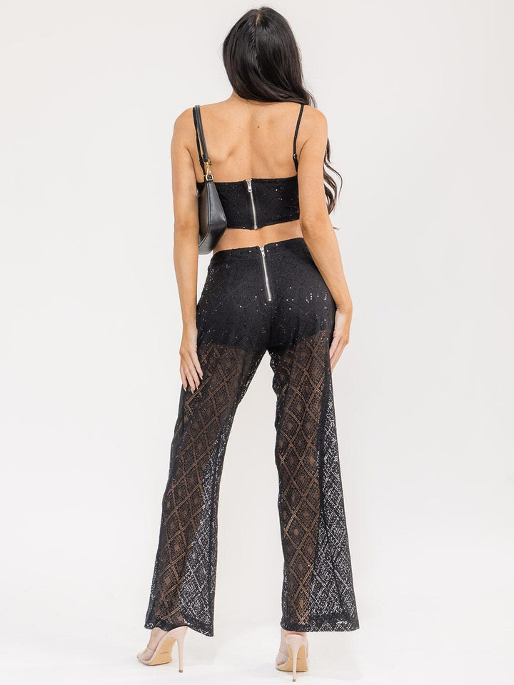 WOMEN'S SLEEVELESS CROP TOP & ELASTIC WAIST PANTS SEQUINS LACE 2PC. SET
