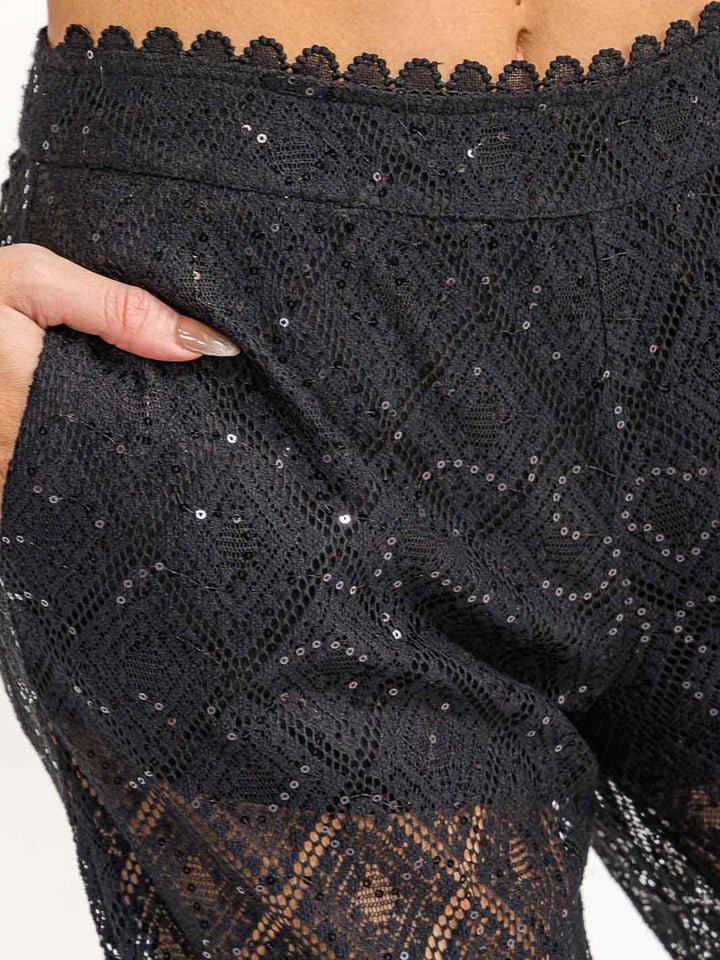 WOMEN'S SLEEVELESS CROP TOP & ELASTIC WAIST PANTS SEQUINS LACE 2PC. SET