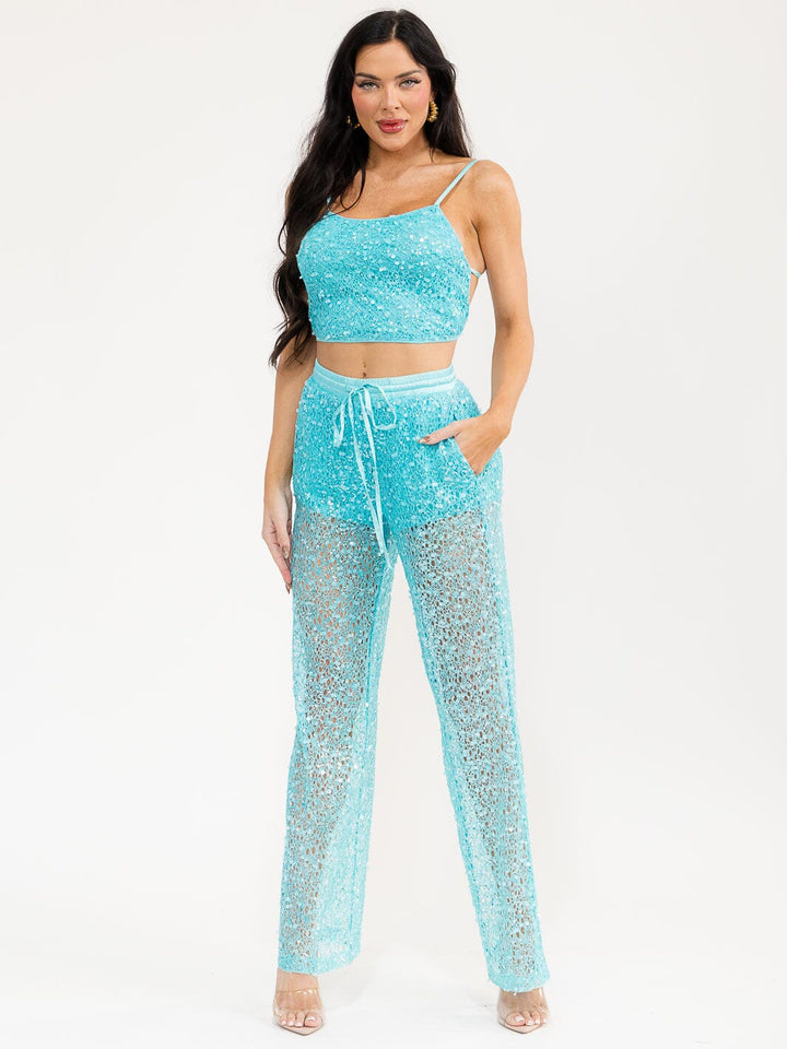 WOMEN'S SLEEVELESS CROP TOP & ELASTIC WAIST PANTS SEQUINS 2PC. SET