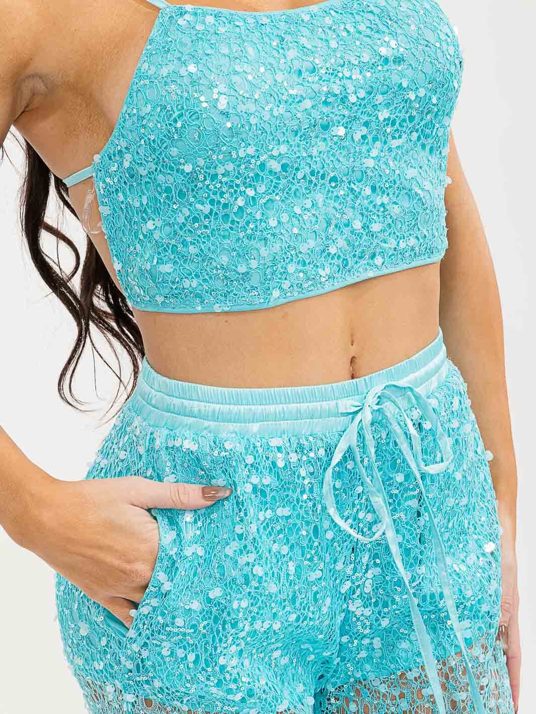 WOMEN'S SLEEVELESS CROP TOP & ELASTIC WAIST PANTS SEQUINS 2PC. SET