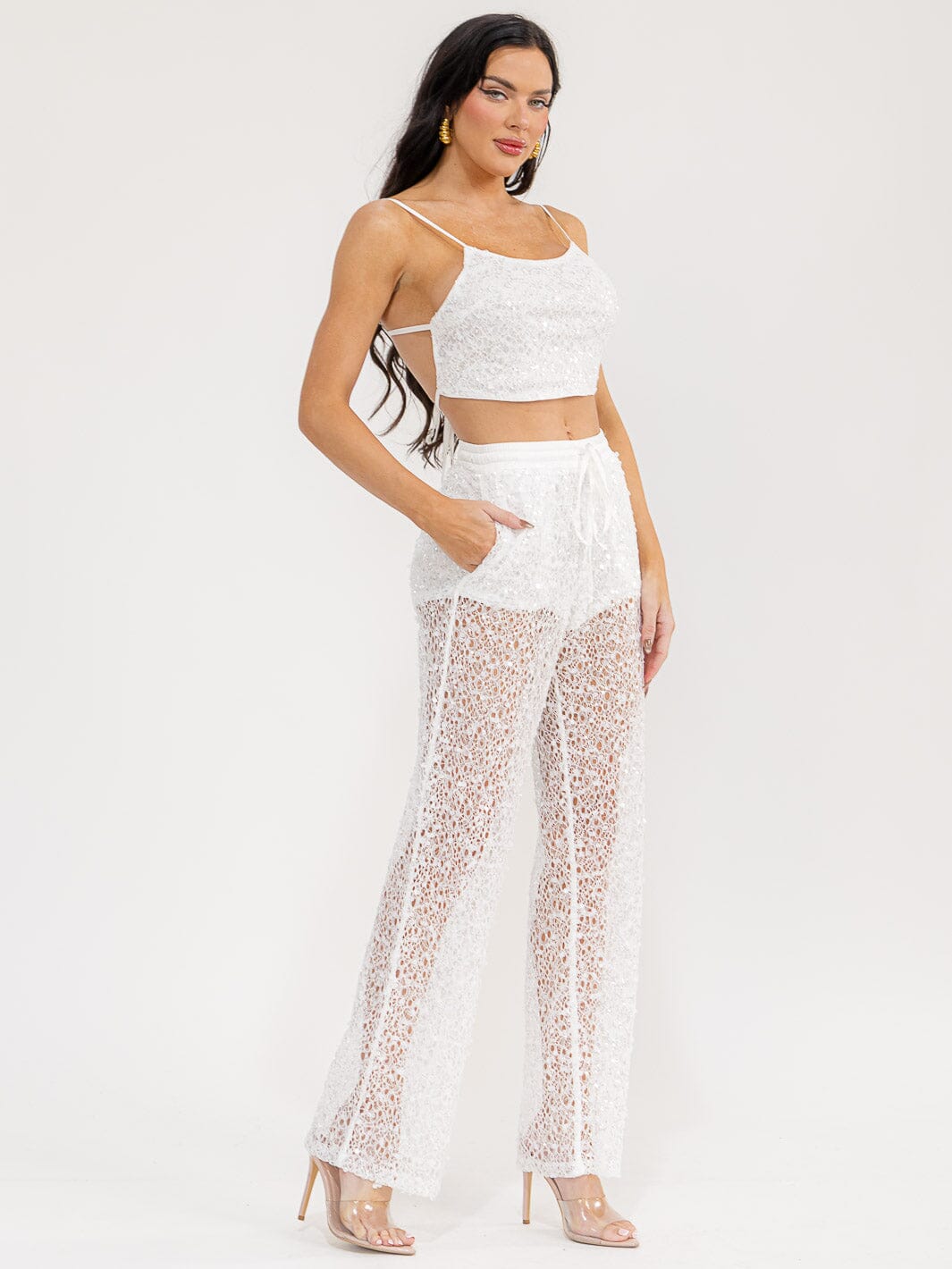 WOMEN'S SLEEVELESS CROP TOP & ELASTIC WAIST PANTS SEQUINS 2PC. SET