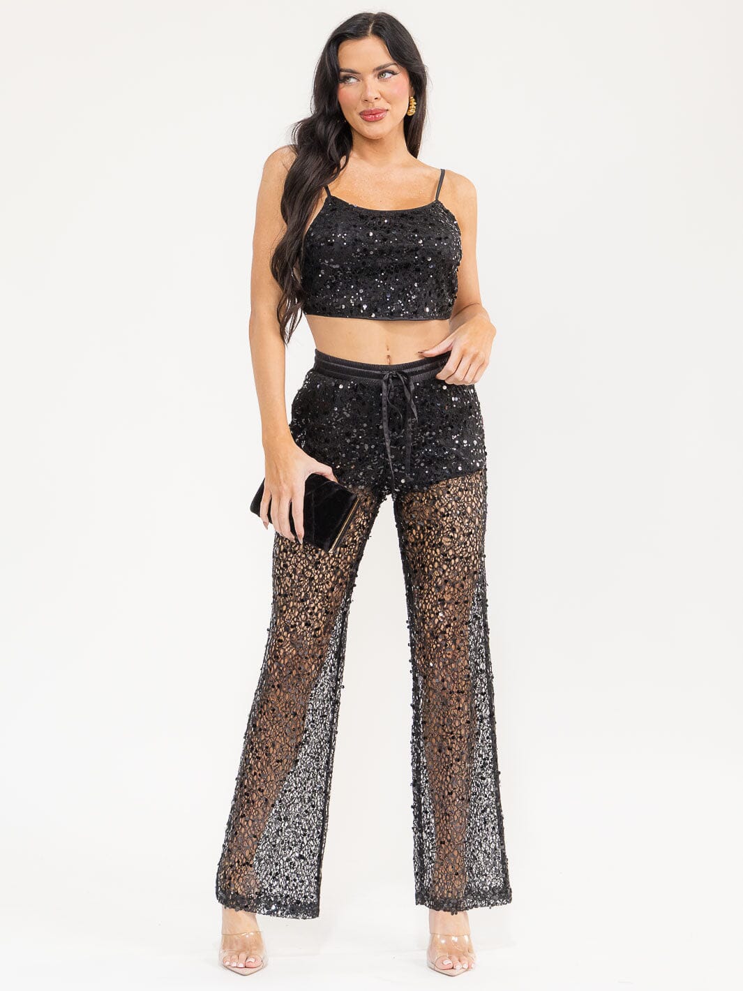 WOMEN'S SLEEVELESS CROP TOP & ELASTIC WAIST PANTS SEQUINS 2PC. SET