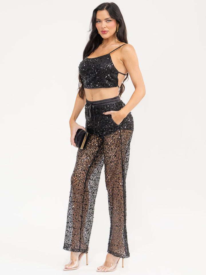 WOMEN'S SLEEVELESS CROP TOP & ELASTIC WAIST PANTS SEQUINS 2PC. SET