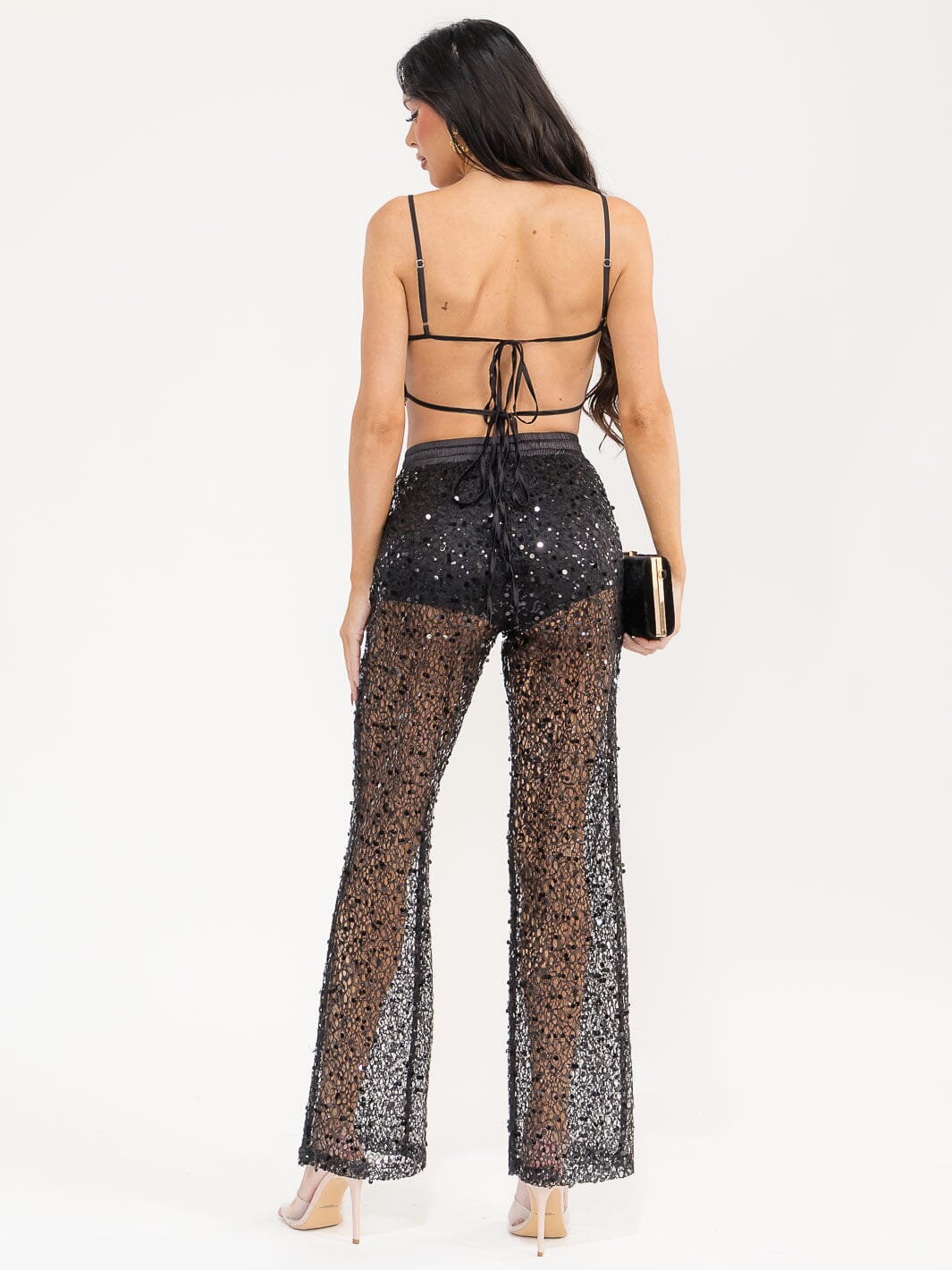 WOMEN'S SLEEVELESS CROP TOP & ELASTIC WAIST PANTS SEQUINS 2PC. SET