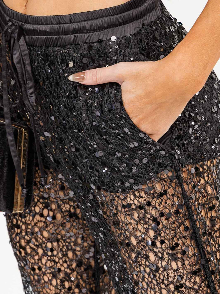 WOMEN'S SLEEVELESS CROP TOP & ELASTIC WAIST PANTS SEQUINS 2PC. SET