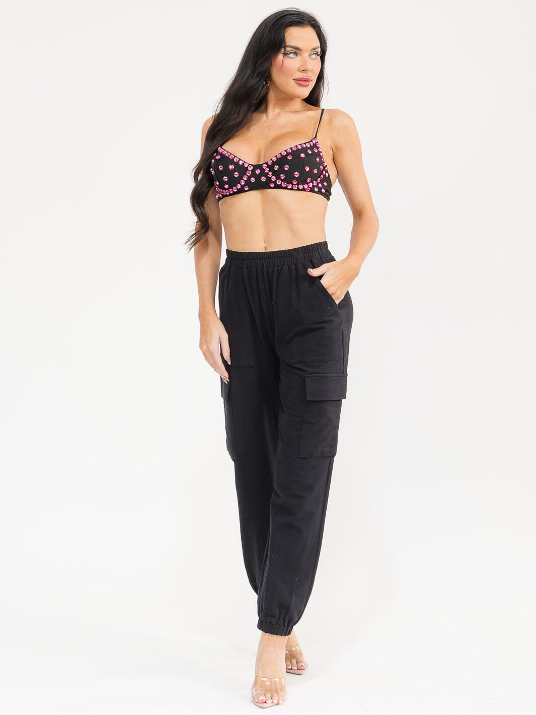 WOMEN'S SLEEVELESS CROP TOP & ELASTIC WAIST PANTS STUDS DETAILED 2PC. SET