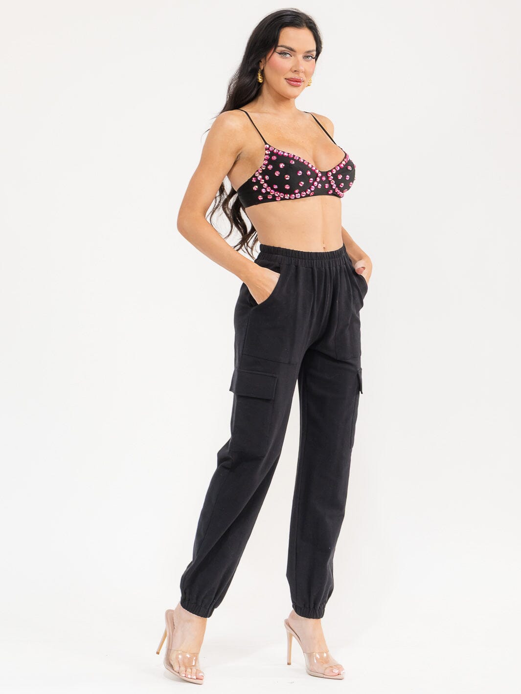 WOMEN'S SLEEVELESS CROP TOP & ELASTIC WAIST PANTS STUDS DETAILED 2PC. SET