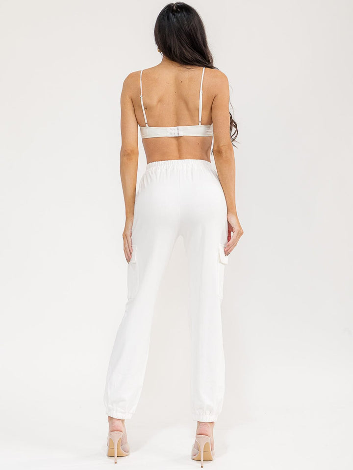 WOMEN'S SLEEVELESS CROP TOP & ELASTIC WAIST PANTS STUDS DETAILED 2PC. SET