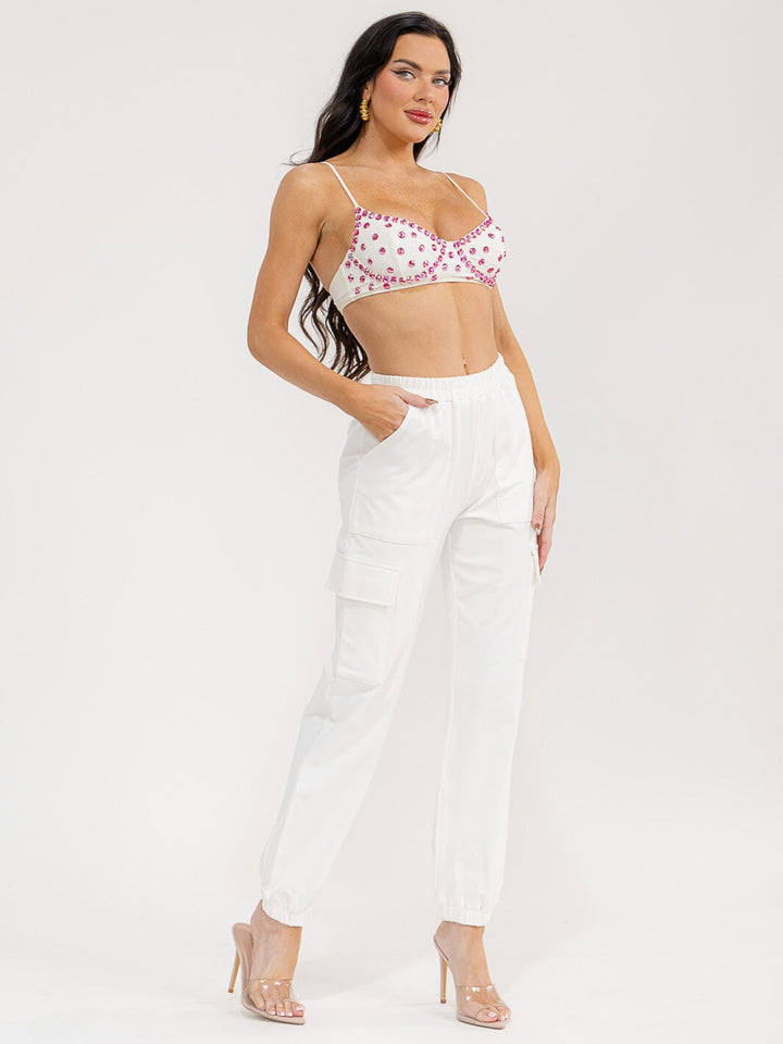 WOMEN'S SLEEVELESS CROP TOP & ELASTIC WAIST PANTS STUDS DETAILED 2PC. SET