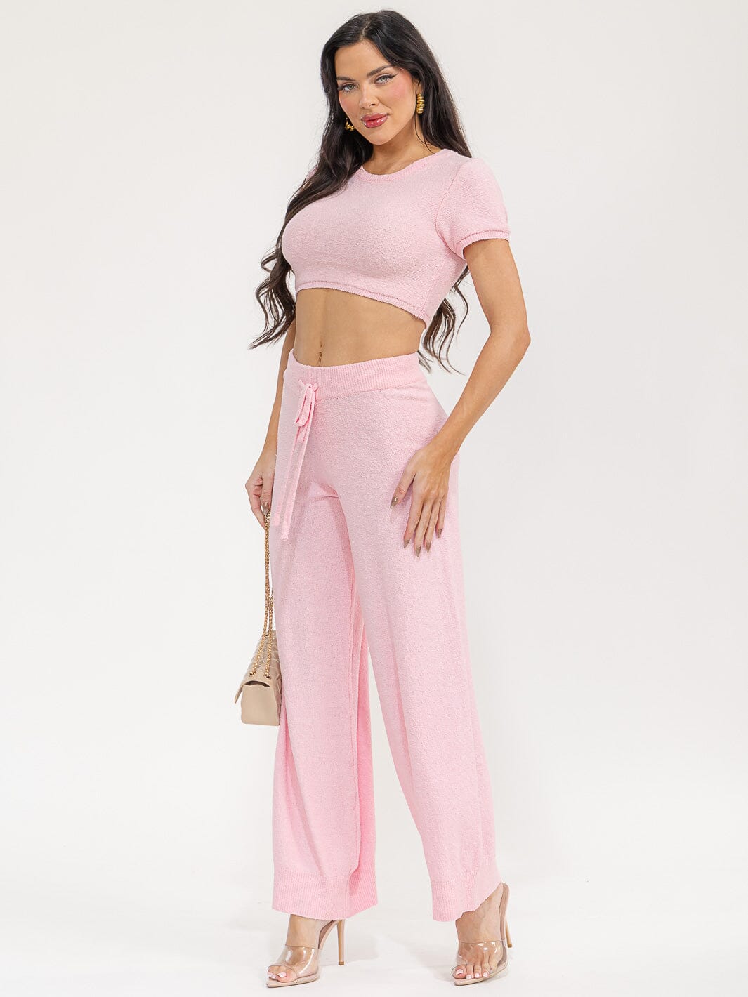 WOMEN'S SHORT SLEEVE CROP TOP & ELASTIC WAIST PANTS SOLID 2PC. SET