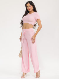 WOMEN'S SHORT SLEEVE CROP TOP & ELASTIC WAIST PANTS SOLID 2PC. SET