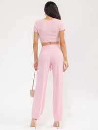 WOMEN'S SHORT SLEEVE CROP TOP & ELASTIC WAIST PANTS SOLID 2PC. SET
