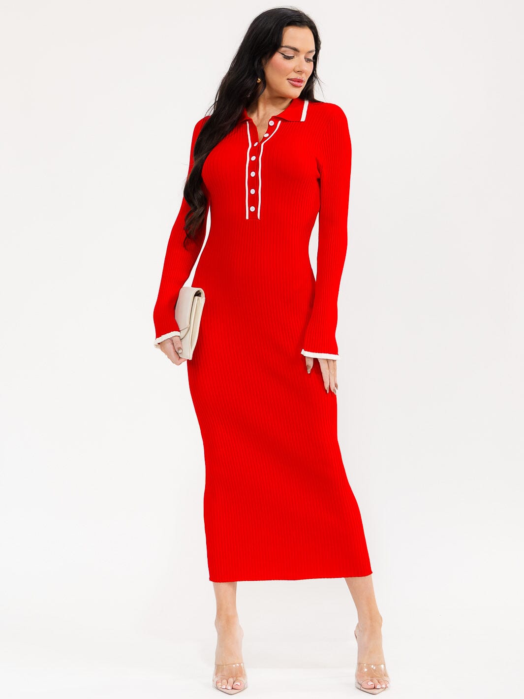 WOMEN'S LONG SLEEVE BUTTON UP RIBBED BODYCON MAXI DRESS