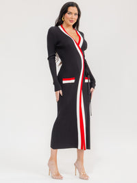WOMEN'S LONG SLEEVE COLORBLOCK RIBBED BODYCON WRAP MAXI DRESS