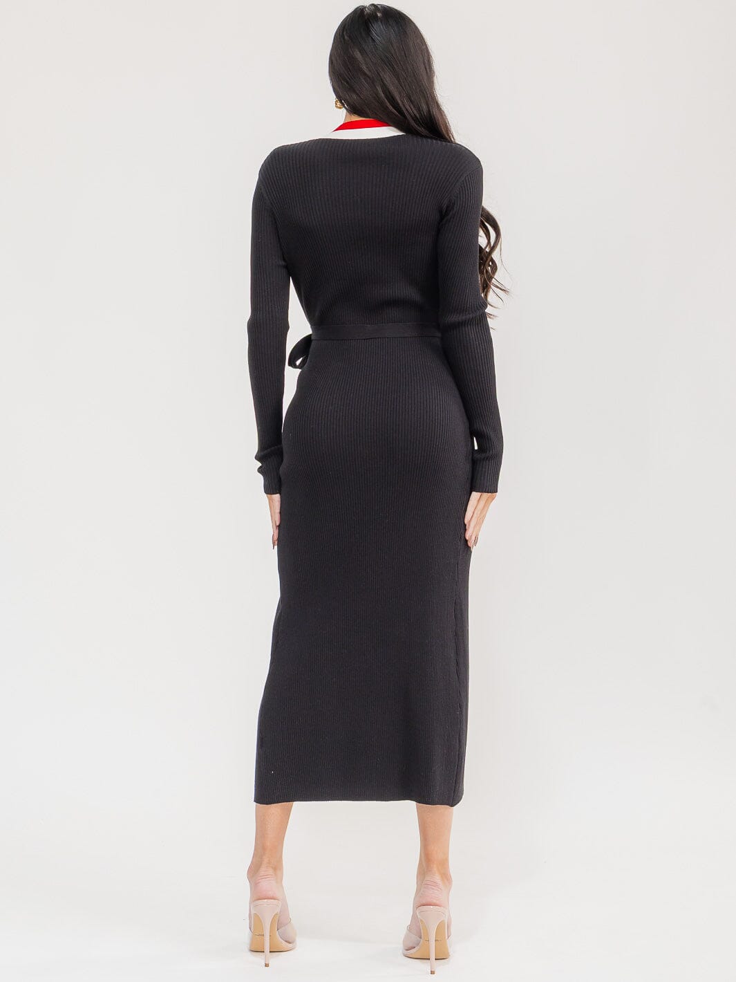WOMEN'S LONG SLEEVE COLORBLOCK RIBBED BODYCON WRAP MAXI DRESS