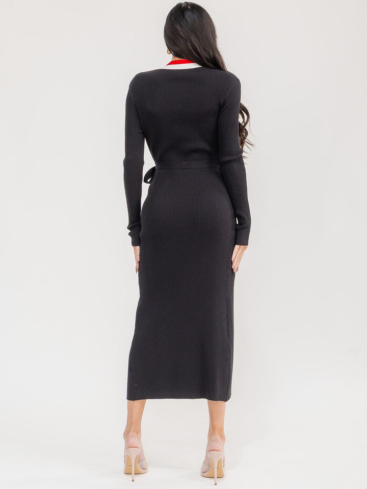 WOMEN'S LONG SLEEVE COLORBLOCK RIBBED BODYCON WRAP MAXI DRESS