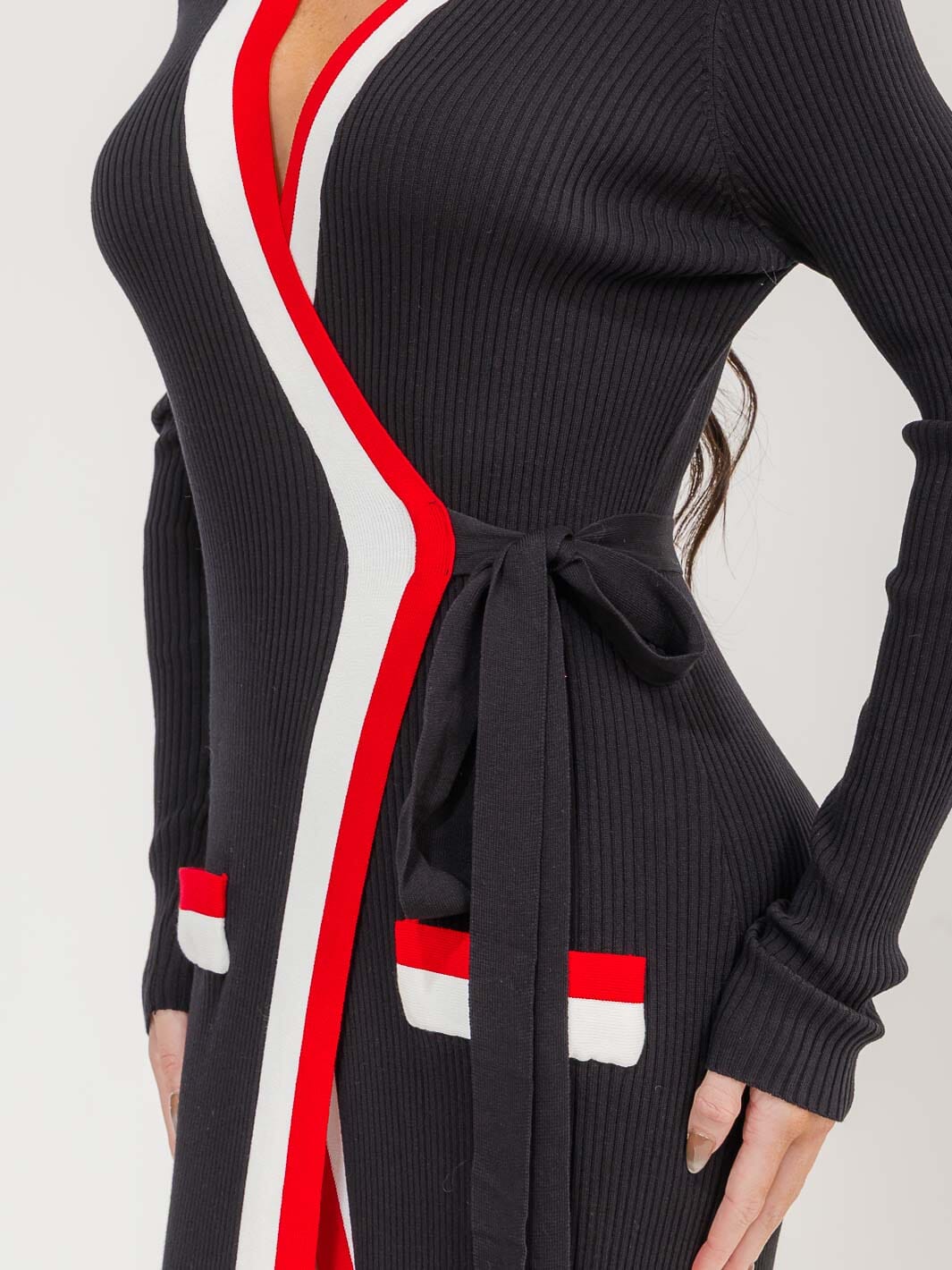 WOMEN'S LONG SLEEVE COLORBLOCK RIBBED BODYCON WRAP MAXI DRESS