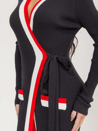 WOMEN'S LONG SLEEVE COLORBLOCK RIBBED BODYCON WRAP MAXI DRESS