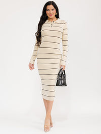 WOMEN'S LONG SLEEVE BUTTON UP RIBBED BODYCON CONTRAST MAXI DRESS