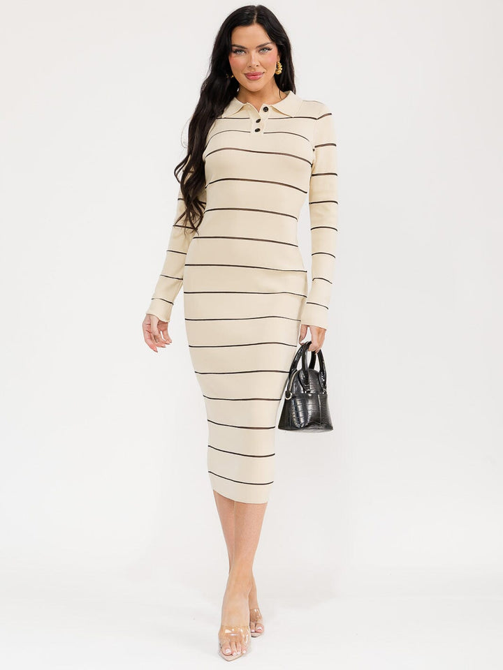WOMEN'S LONG SLEEVE BUTTON UP RIBBED BODYCON CONTRAST MAXI DRESS