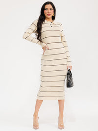 WOMEN'S LONG SLEEVE BUTTON UP RIBBED BODYCON CONTRAST MAXI DRESS