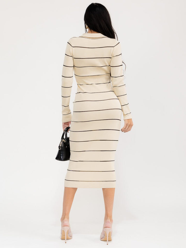 WOMEN'S LONG SLEEVE BUTTON UP RIBBED BODYCON CONTRAST MAXI DRESS