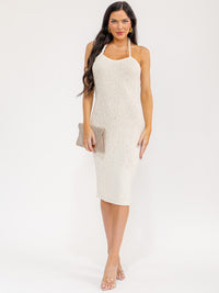 WOMEN'S SLEEVELESS HALTER NECK SEQUINS BODYCON MIDI DRESS