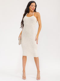 WOMEN'S SLEEVELESS HALTER NECK SEQUINS BODYCON MIDI DRESS