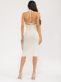 WOMEN'S SLEEVELESS HALTER NECK SEQUINS BODYCON MIDI DRESS