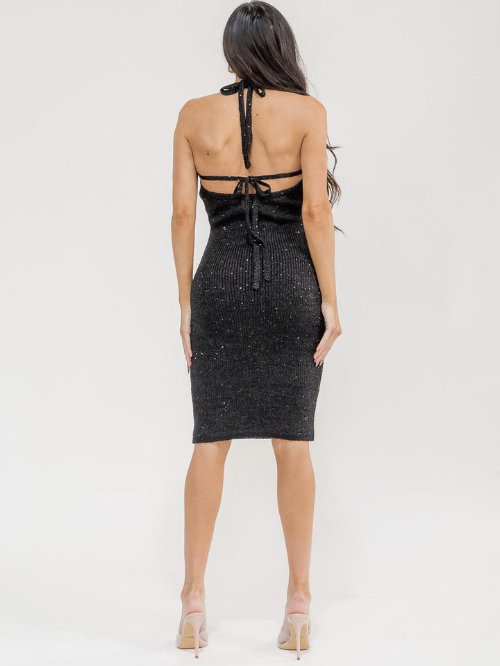 WOMEN'S SLEEVELESS HALTER NECK SEQUINS BODYCON MIDI DRESS