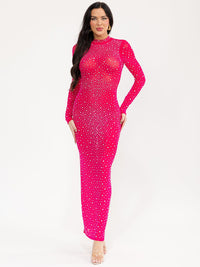 WOMEN'S LONG SLEEVE MOCK NECK STUDS BODYCON MAXI DRESS
